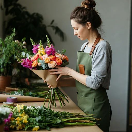 a person is tying a pink ribbon around a bouquet of flowers