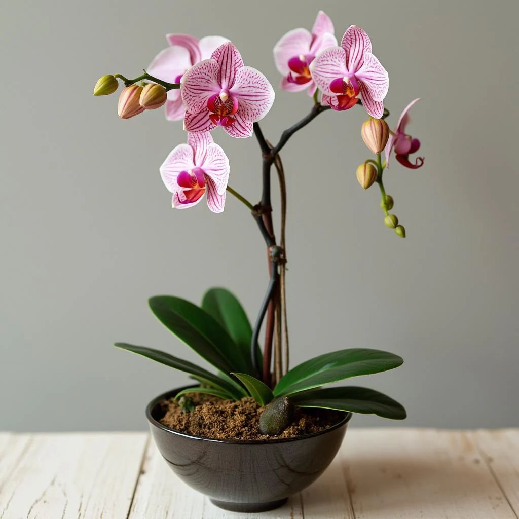 A pink orchid in a black bowl on a table