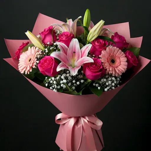 A bouquet of white lilies in a black vase on a table.