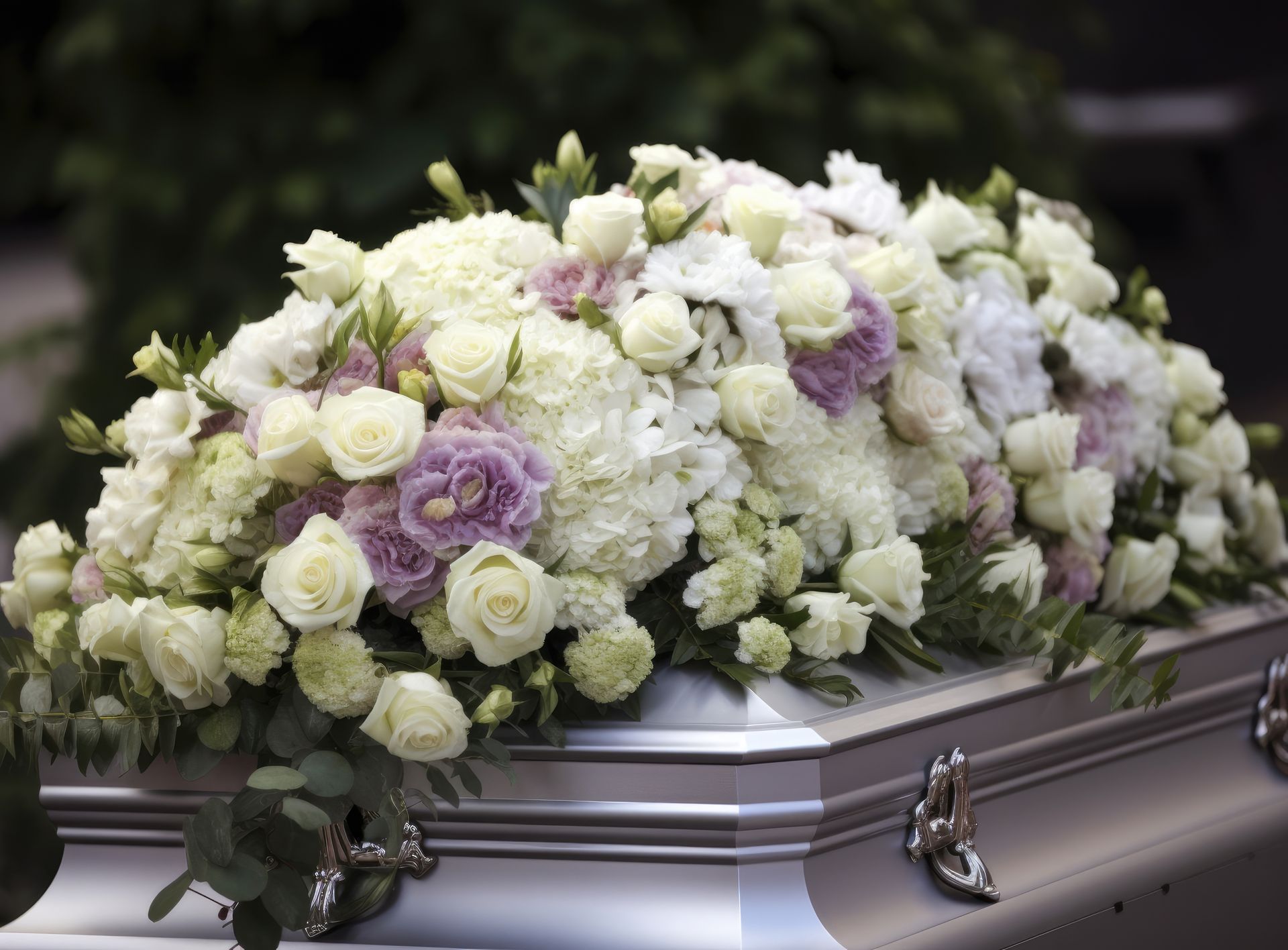 a silver coffin covered in white and purple flowers