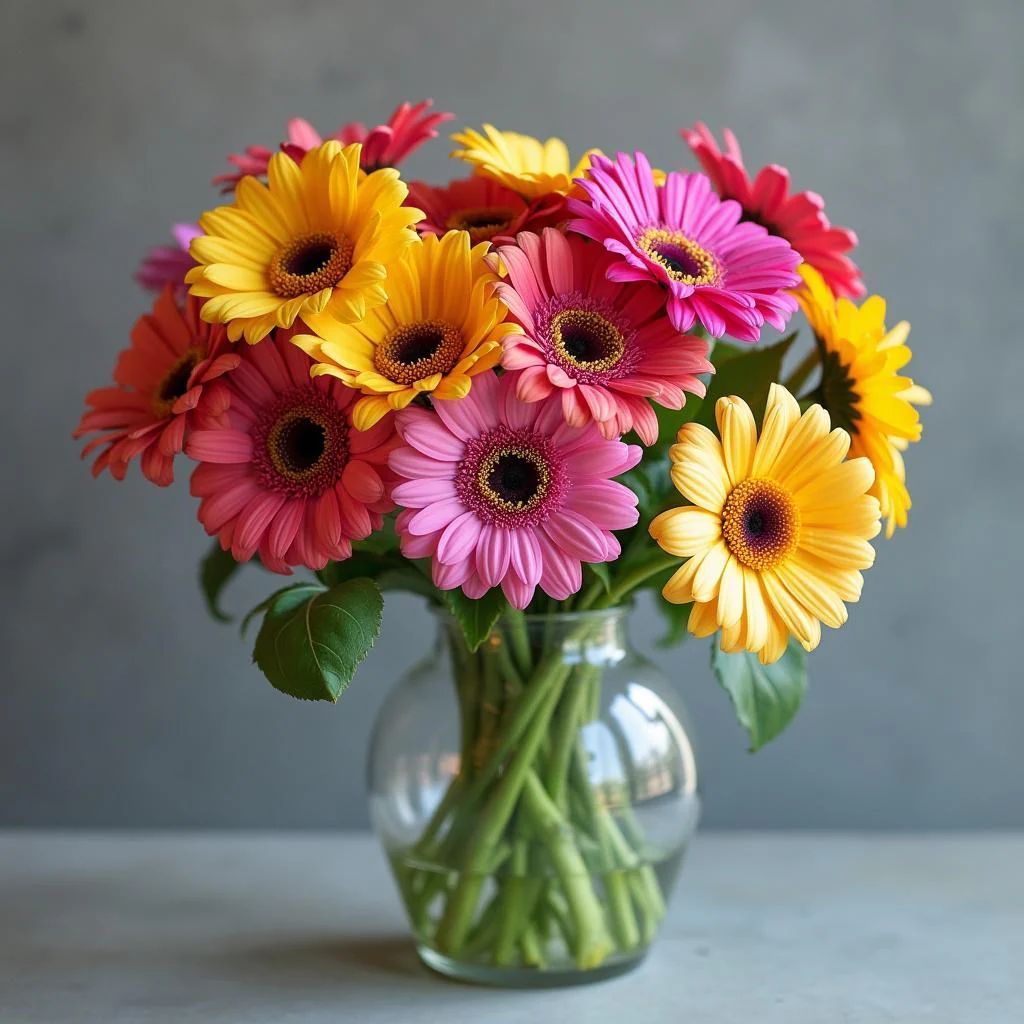 A vase filled with colorful gerbera on a table.