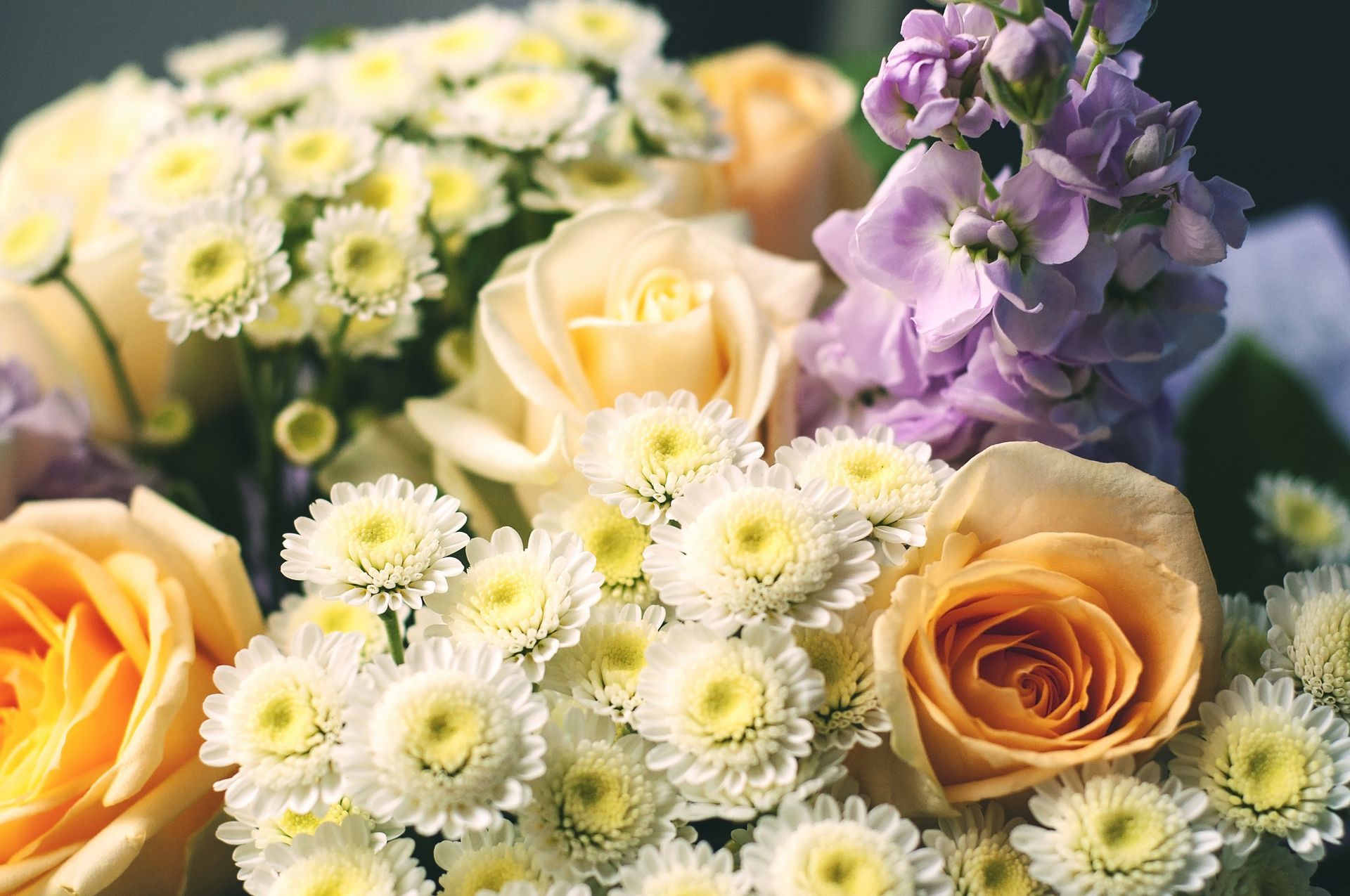 A close up of a bouquet of yellow and purple flowers.