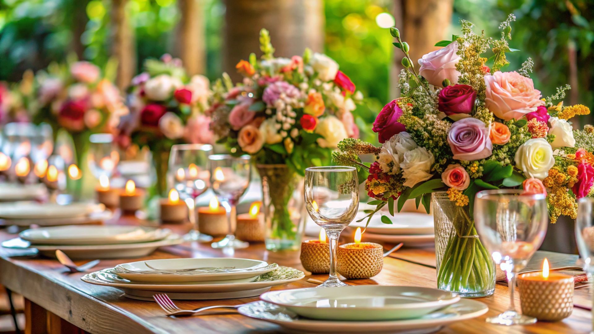 Elegant table setting: flowers, candles, plates, and glasses, set for an outdoor event.