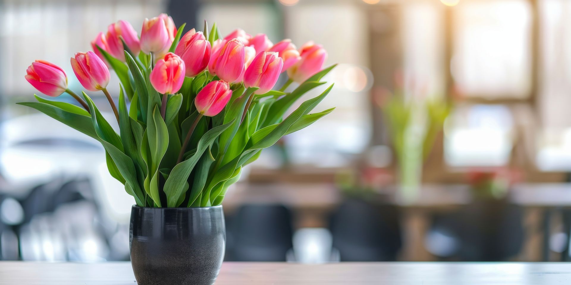 Vase of pink tulips on a table, with a blurred restaurant background.