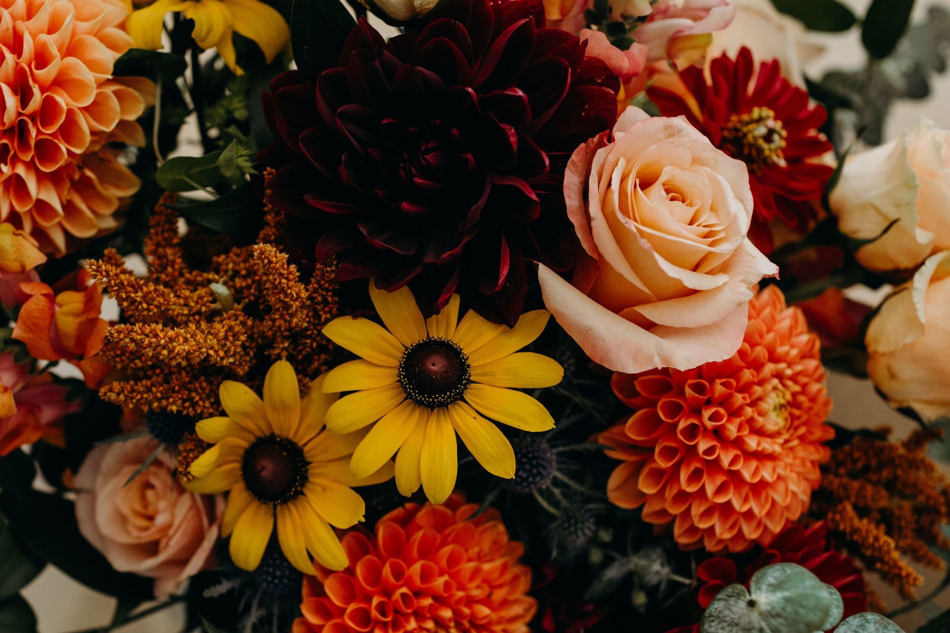 a close up of a bouquet of flowers with a yellow flower in the middle