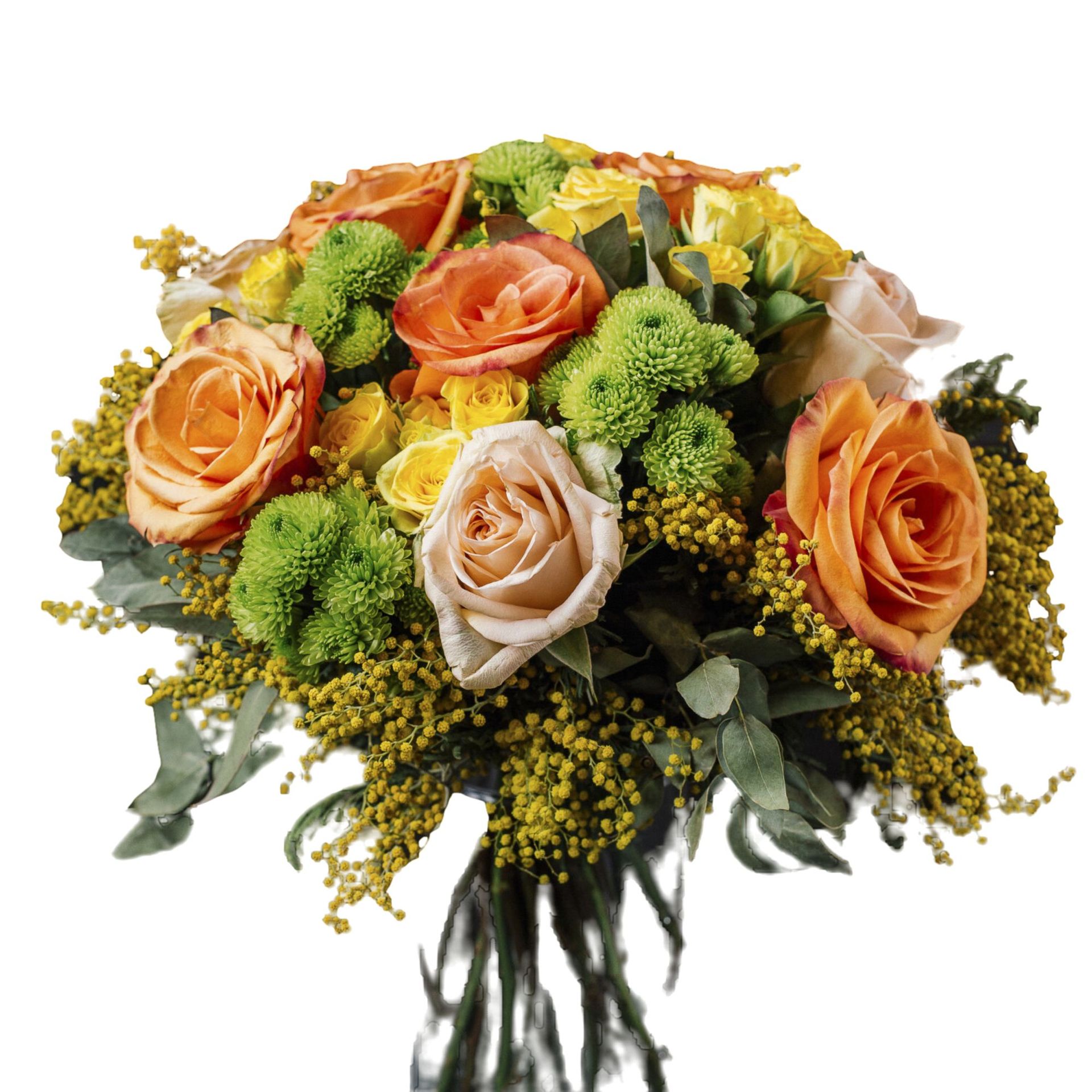 a bouquet of orange and yellow roses and green flowers