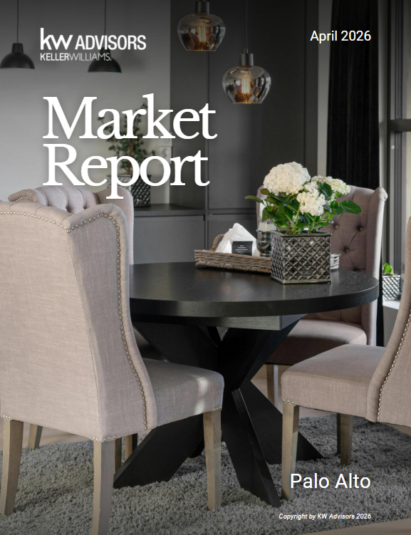 Palo Alto market report cover with dining nook, gray chairs, black table, and flower arrangement
