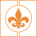 A fleur de lis is in a circle on a white background.