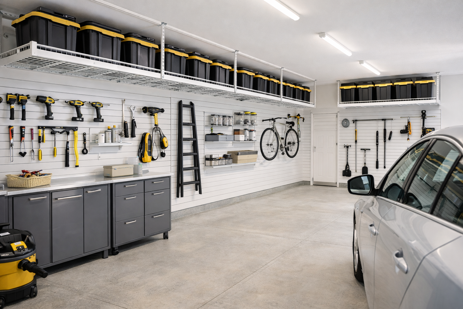 Organized garage with overhead storage, tools, cabinets, and a car.