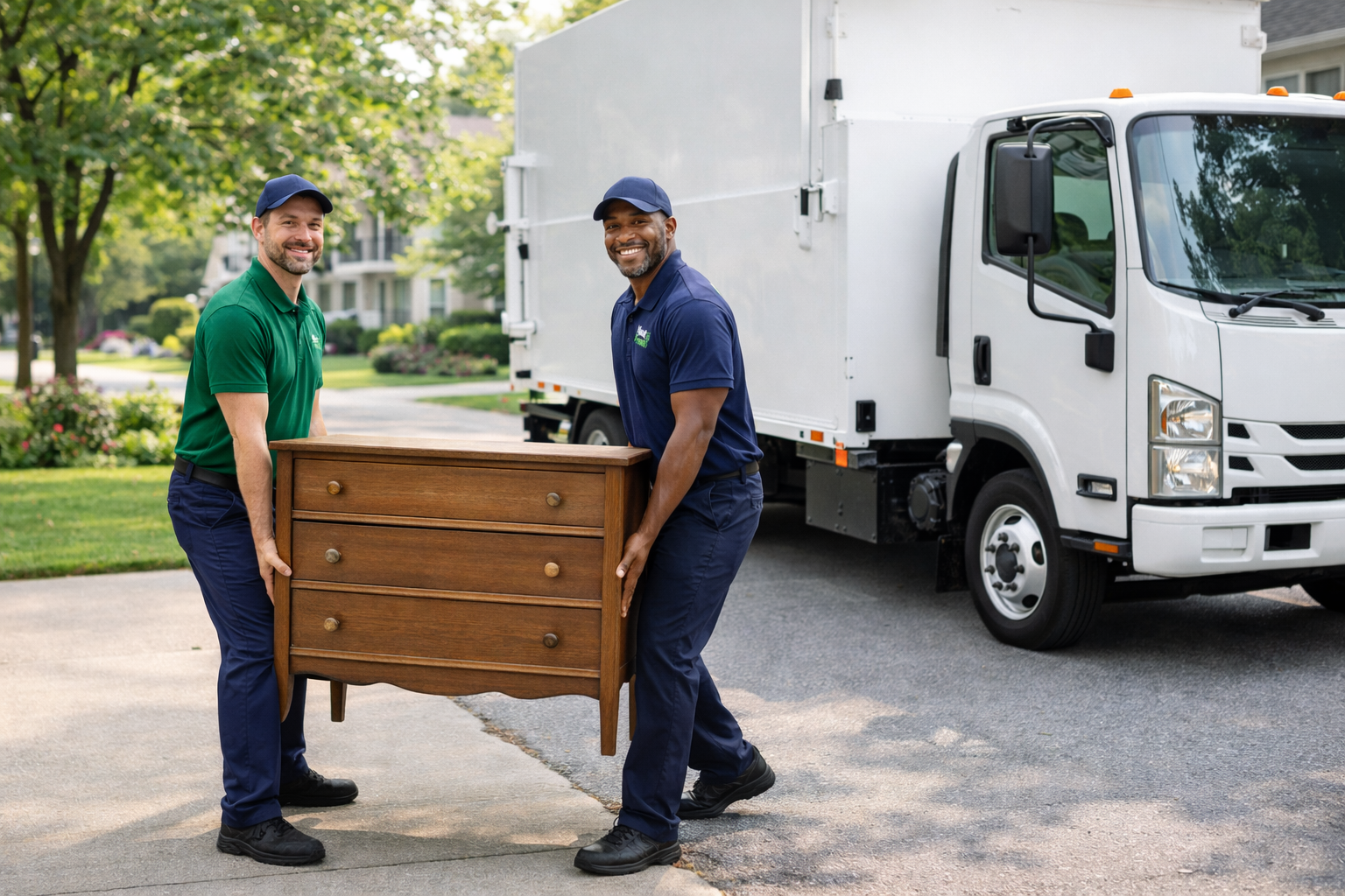 Two movers in uniform carrying a wooden dresser towards a moving truck parked on a driveway.