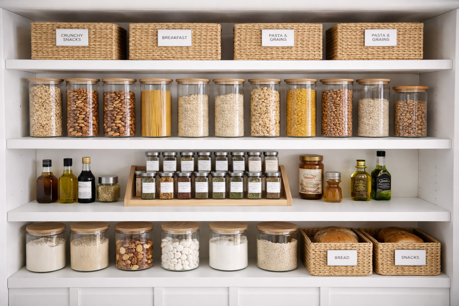 White pantry shelves with organized food storage: jars, baskets, spices, oils.