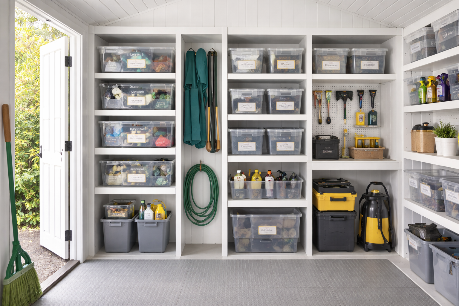 Organized shed interior with shelves filled with labeled bins, tools, and supplies; open door to outside.