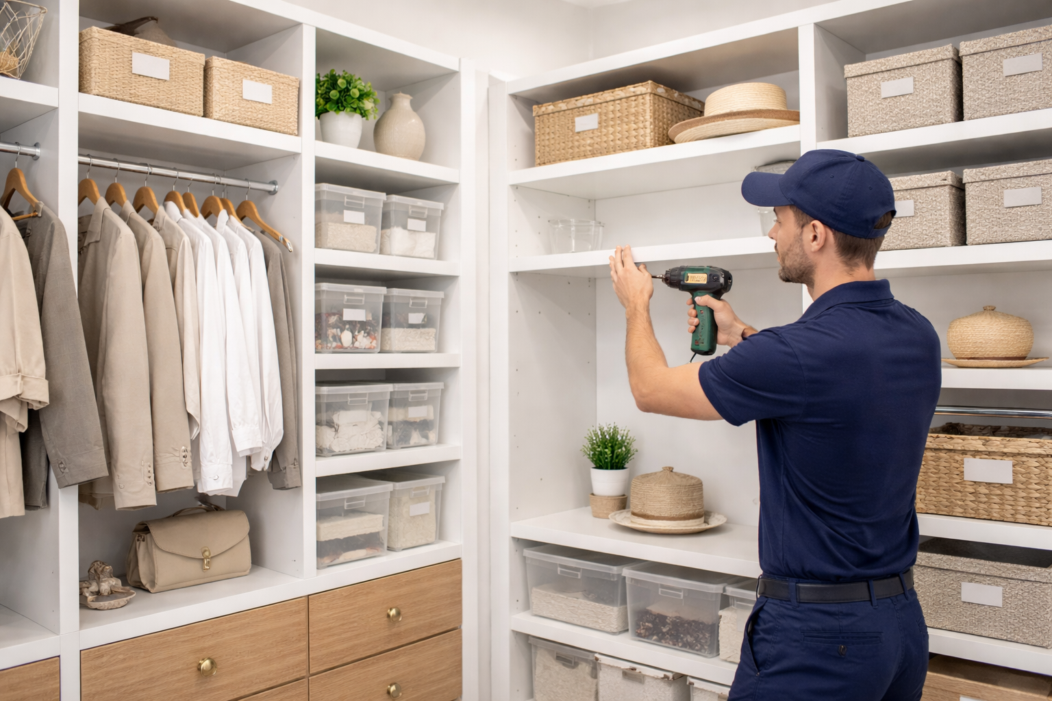 A person using a drill to install a shelf in a white closet with baskets and clothes.