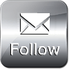A silver button with an envelope and the word follow on it.