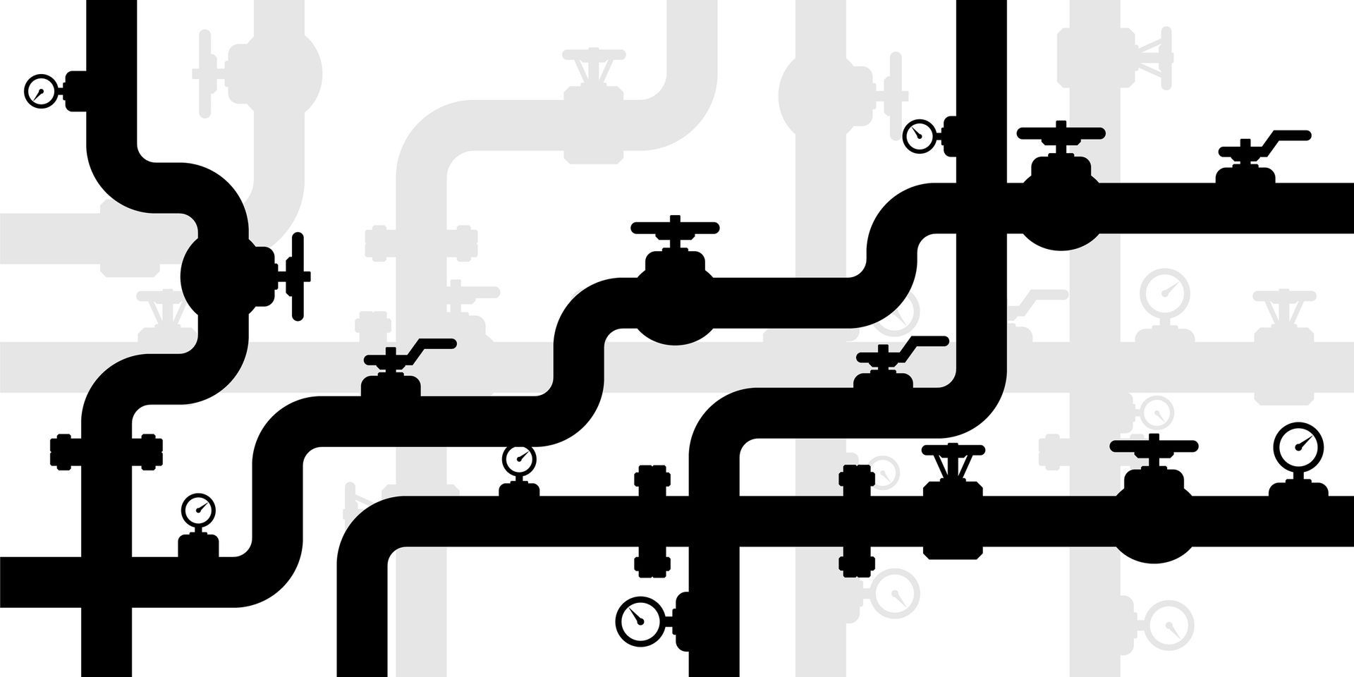 A bunch of pipes with faucets on them on a white background.