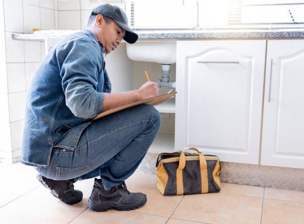 Plumber inspecting kitchen sink and writing notes with tool bag on tiled floor during repair.