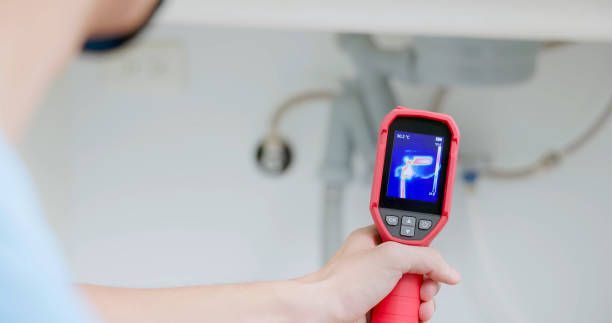 A plumber is using a thermal camera to check the temperature of a sink.