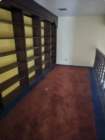 A long, empty bookshelf fills a wall in a room with brown carpet and a handrail.