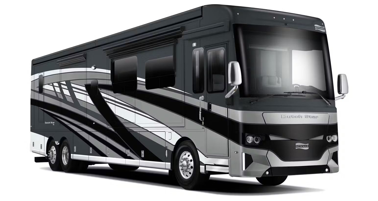 A black and white rv is parked on a white background.