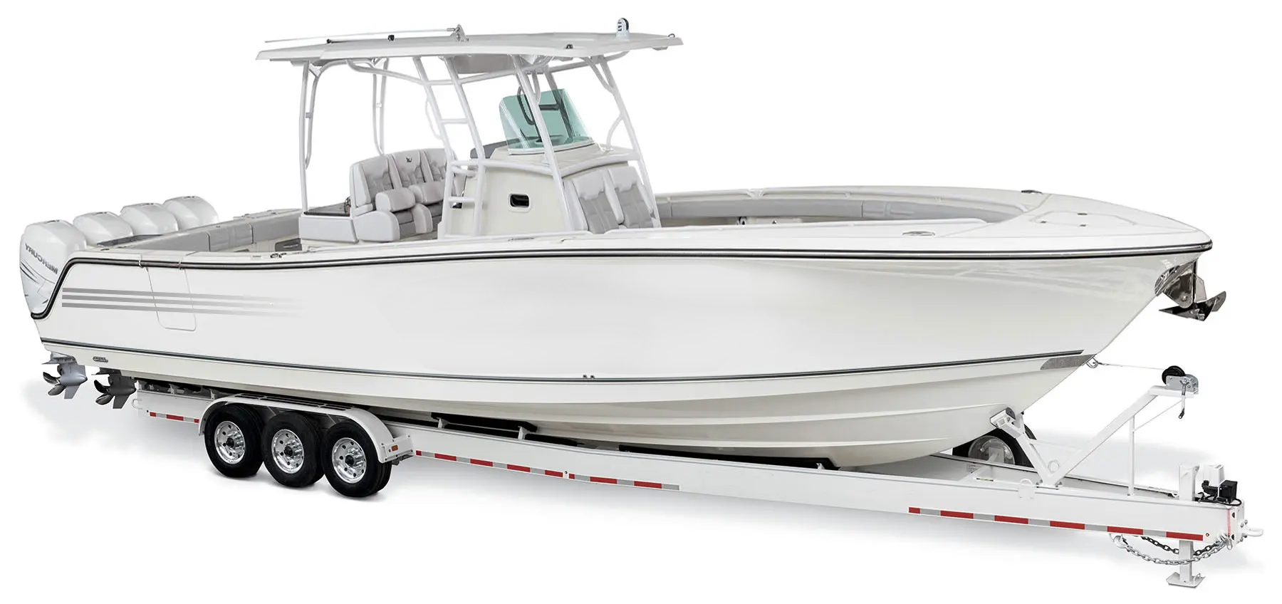 A white boat is on a trailer on a white background.