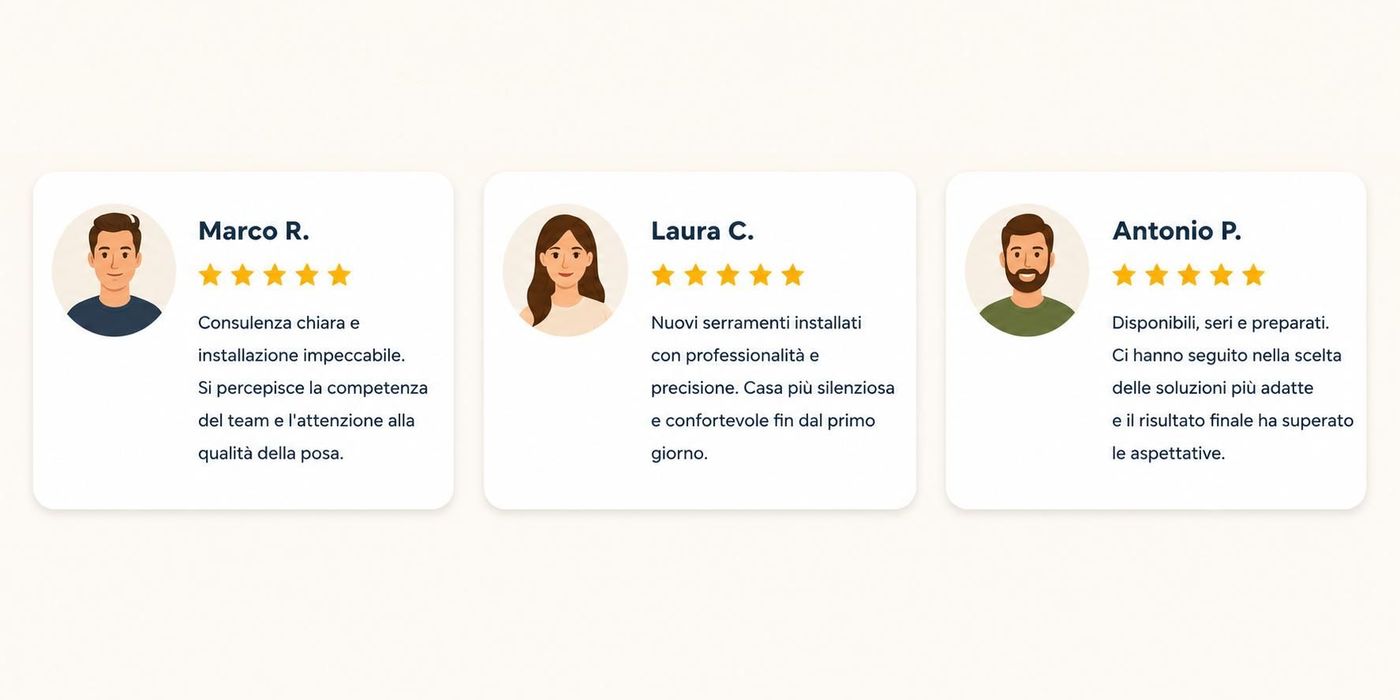 Tre schede di recensione clienti con avatar, nomi, valutazioni a cinque stelle e brevi testi di testimonianza.