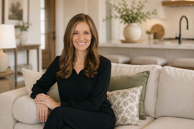 Woman smiling on a beige sofa in a bright living room with neutral decor and plants.