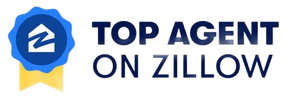 Blue and gold badge reading “Top Agent on Zillow” with Zillow logo