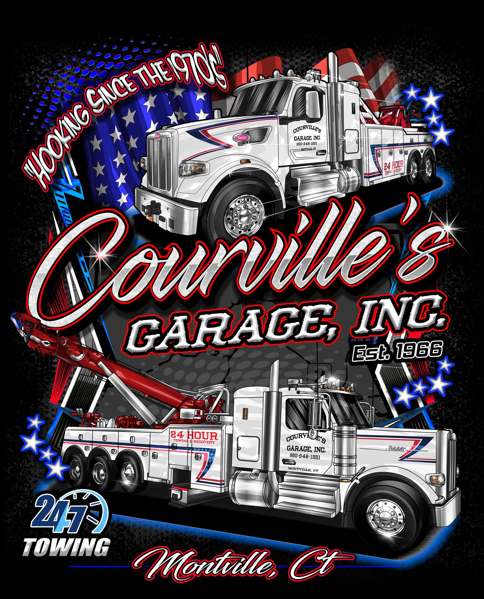 Courville's Garage, Inc. tow truck graphic with American flag background, blue and red text, Montville, CT location.