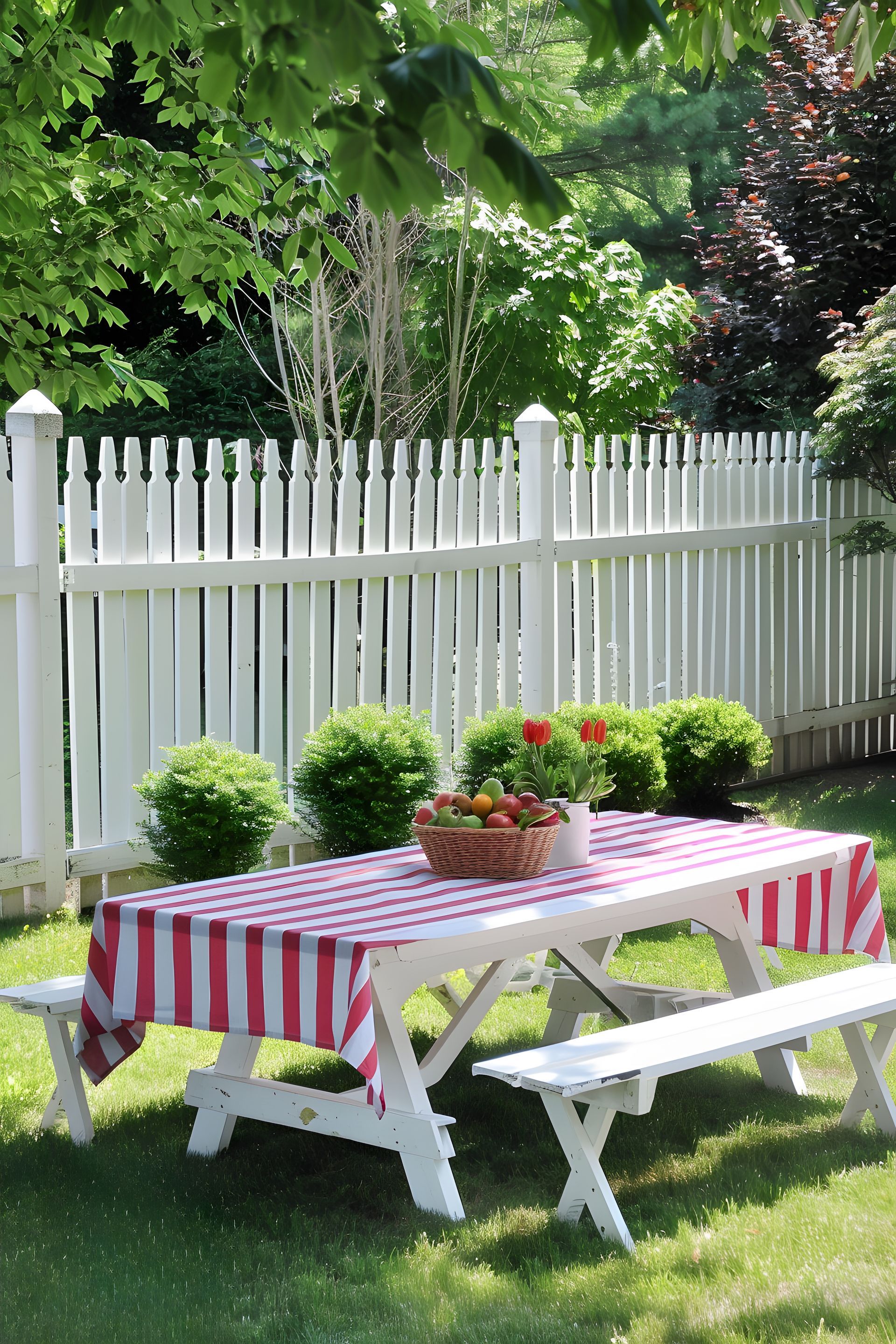 White picnic table with red-striped tablecloth and potted flowers on a lawn beside a white fence.