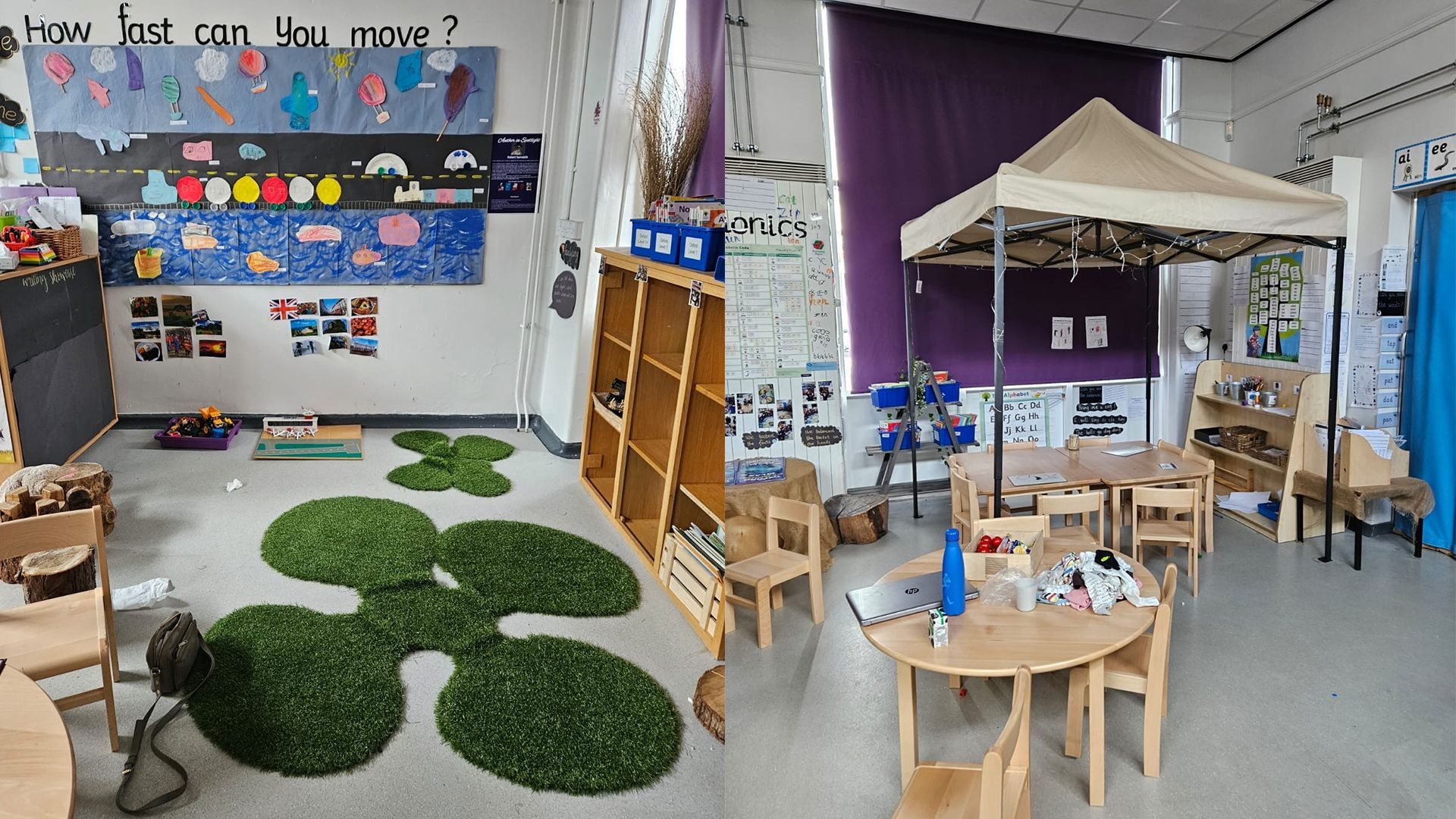 A classroom with a table and chairs and a tent.