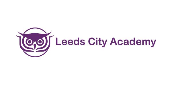 The logo for leeds city academy is purple and has an owl on it.