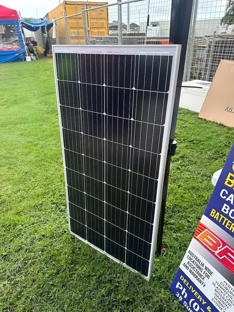 Solar Panel Mounted on a Stand Outdoors, on Grass — Edmonton Battery Centre in Bentley Park, QLD