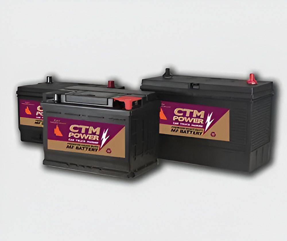 Three Ctm Power Mf Car Batteries Against a Light Background — Edmonton Battery Centre in Bentley Park, QLD