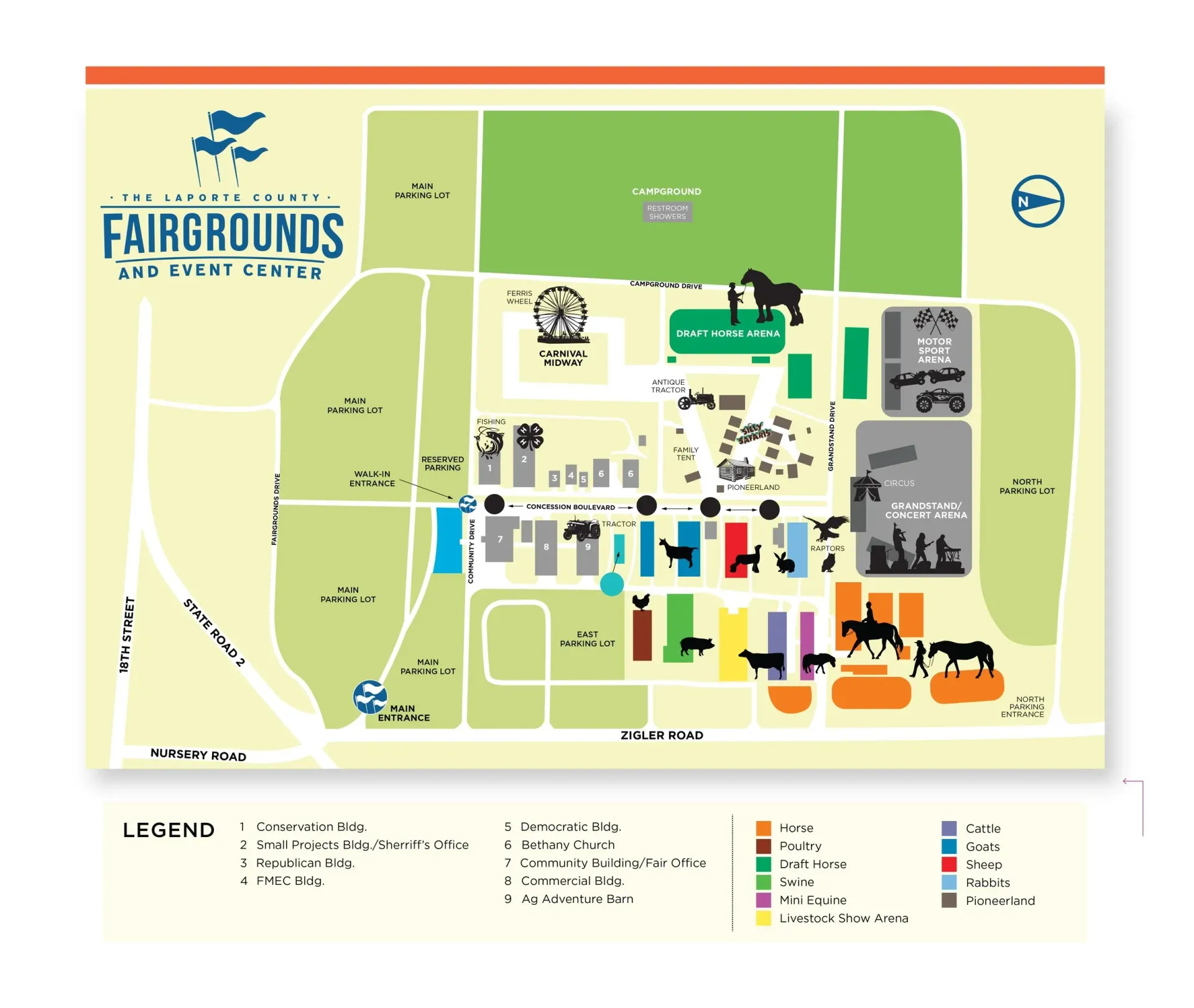 Map of the Skagit County Fairgrounds showing layout of event areas, buildings, and a color-coded legend.