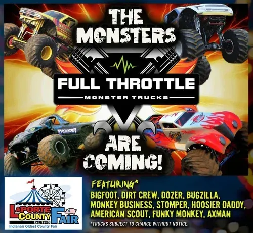 Poster for "The Monsters" truck event at LaPorte County Fair, featuring nine monster trucks in action.