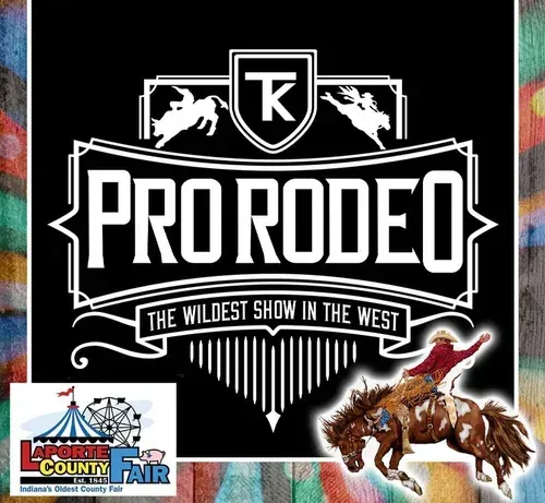 A promotional graphic for the LaPorte County Fair Pro Rodeo featuring a bucking bronco and the text "Pro Rodeo."