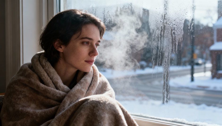 Cleveland woman bundled up in a blanket next to a window in the winter coping with trauma.