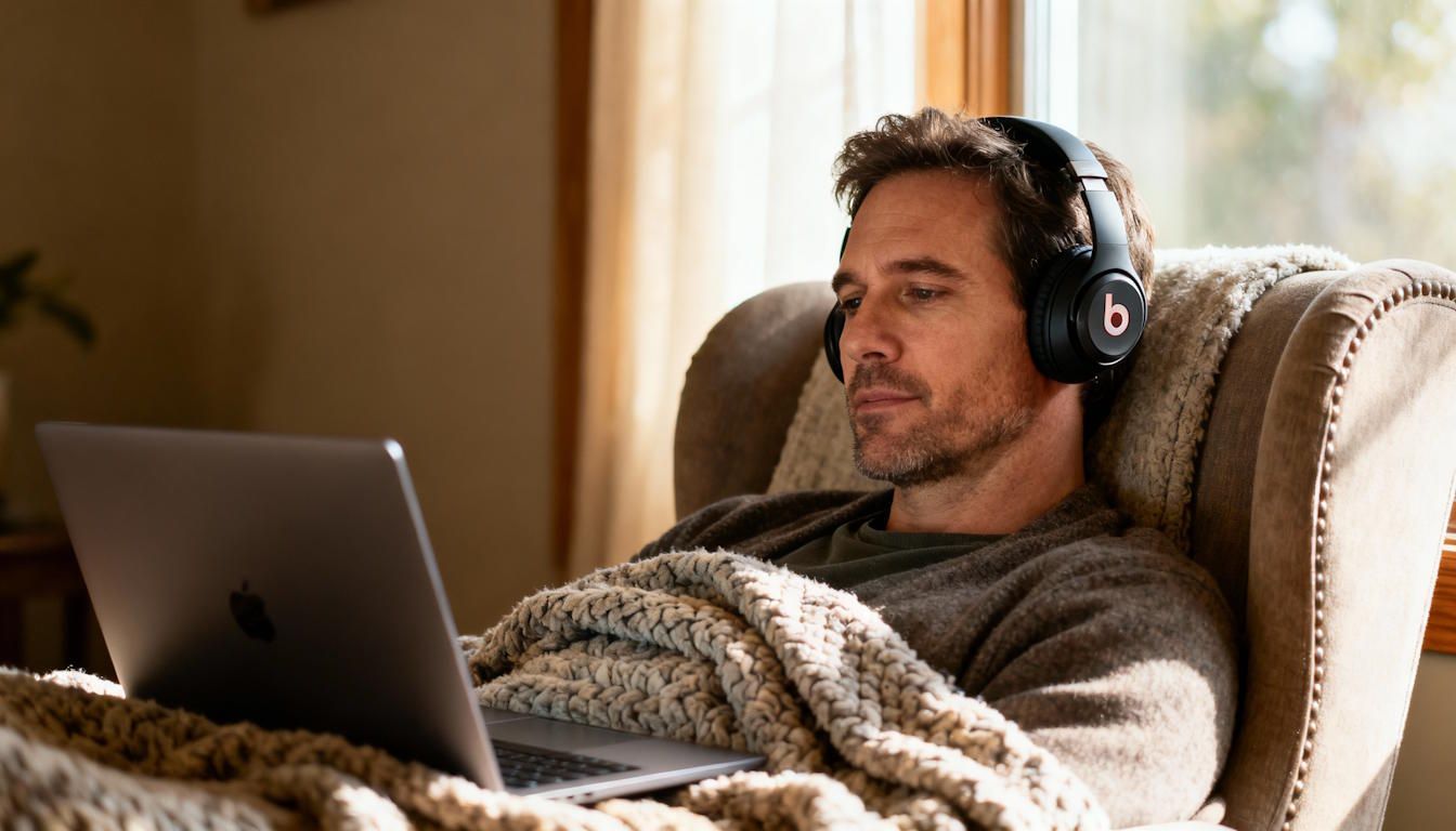 Cleveland man in recliner with Beats headphones, laptop playing hypnosis guided audio