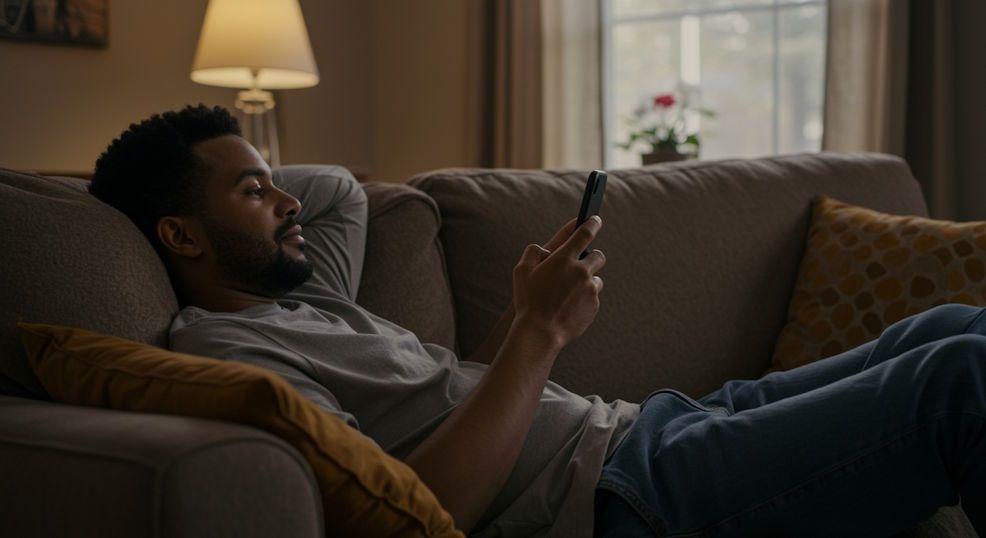 Cleveland man leaning back comfortably on his couch at home holding his smartphoneat home in Cleveland Heights for his remote hypnosis session