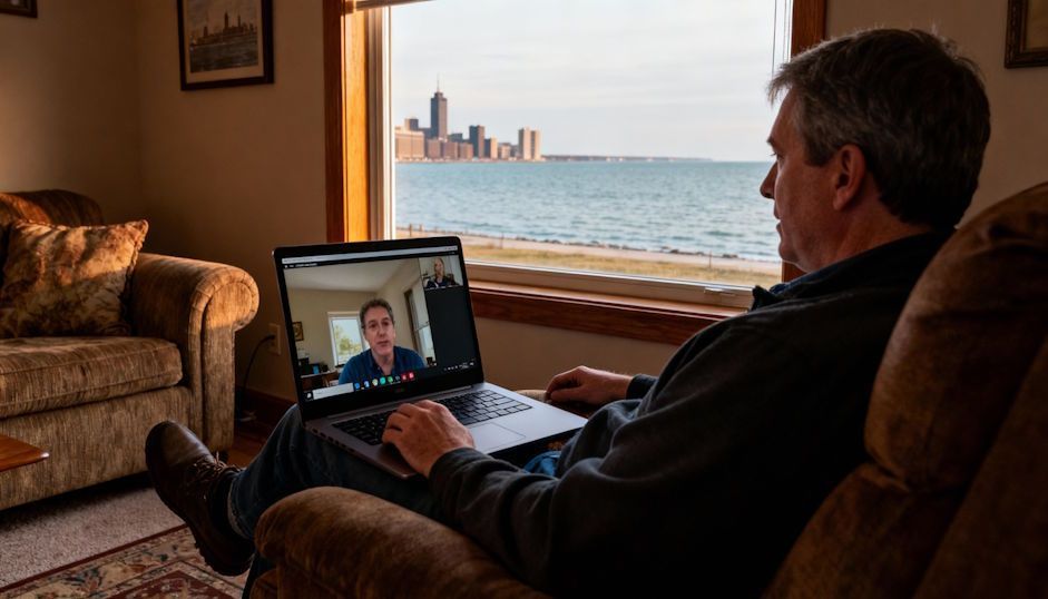 Cleveland man sitting in his living room during a remote Zoom meeting for remote hypnosis session
