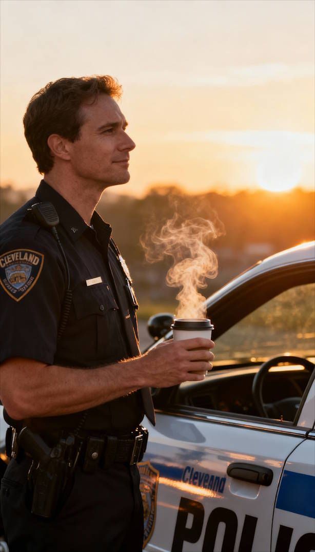 Cleveland police officer standing next to his cruiser at sunrise with a hot coffee with steam rising from it