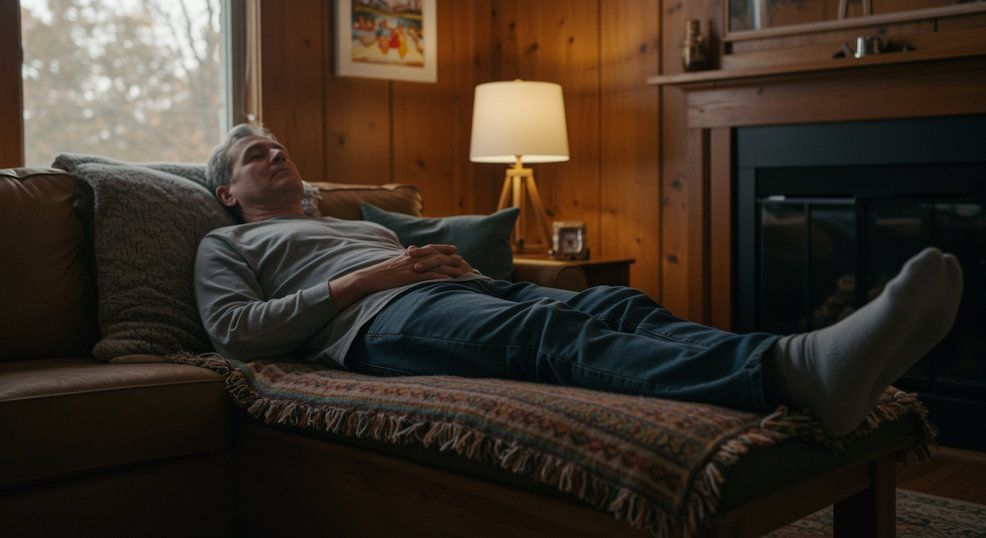 Cleveland resident relaxing in his Lakewood living room during a virtual hypnosis session