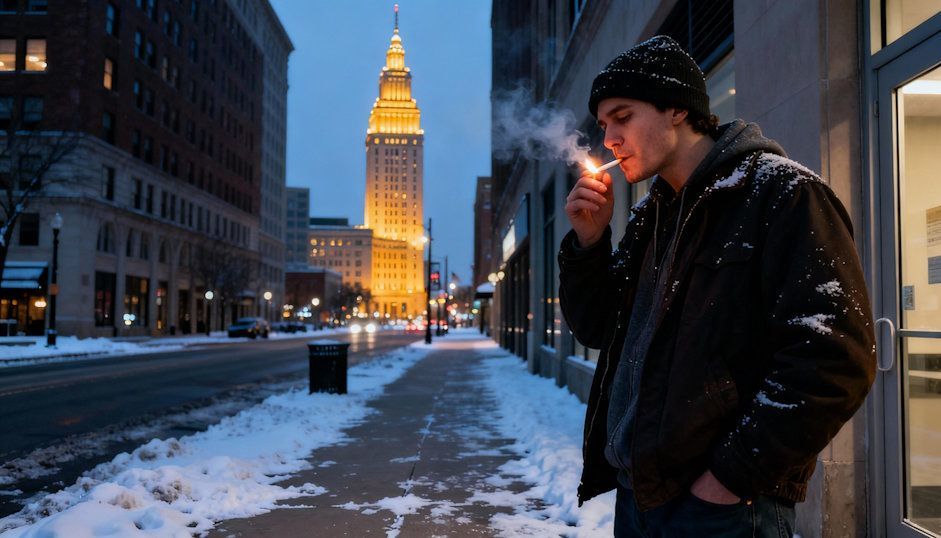 Cleveland smoker stepping outside on a cold winter evening snow-dusted sidewalk