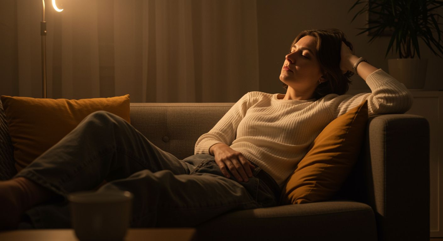 woman on sofa hypnotized sitting in a modern living room, eyes closed, warm ambient tones