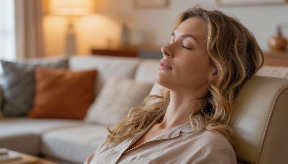 Cleveland woman in a reclined easychair during clinical hypnosis relaxed facial muscles during hypnosis session