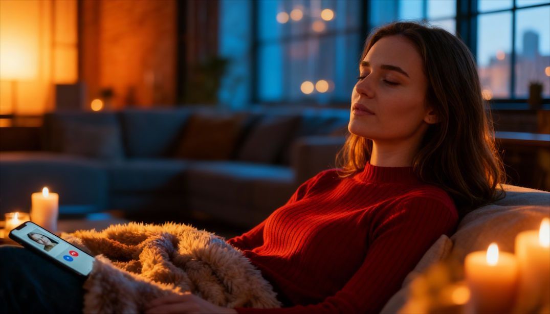 Cleveland woman relaxing during her remote hypnosis session in a modern Cleveland loft