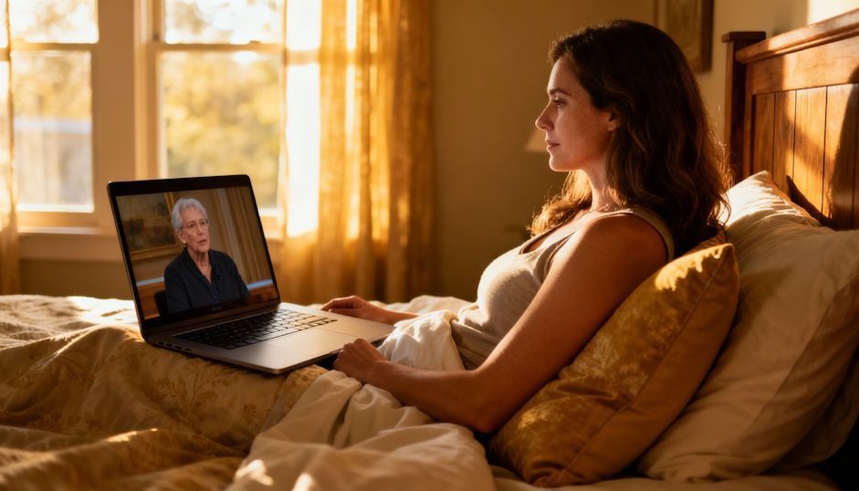 Cleveland woman relaxing in a quiet Lakewood bedroom during her virtual hypnosis session