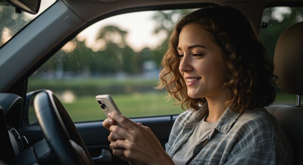 Cleveland woman sitting calmly and smiling with her smartphone sitting in her parked car during her remote hypnosis session