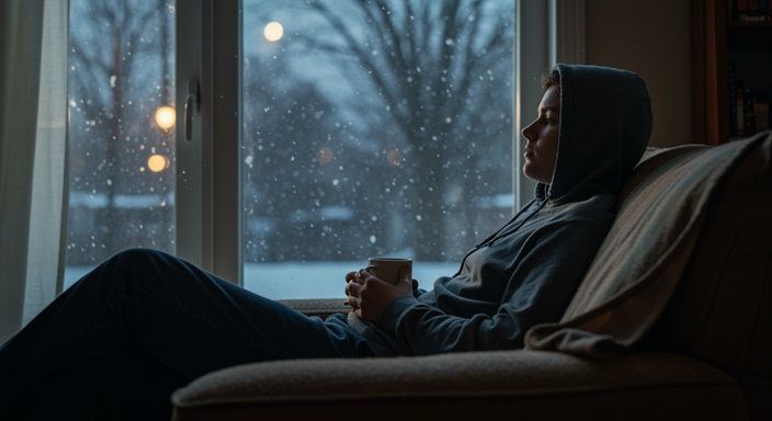 Cleveland woman sitting in her home relaxing indoors during our remote hypnosis session