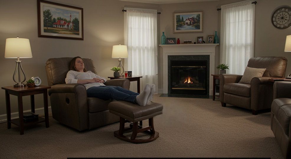 Cleveland woman sitting mid hypnosis session in her living room recliner